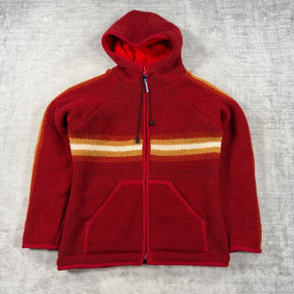 Laundromat Sweater Women Medium Red Striped Fleece Lined Wool Hand Knit Full Zip